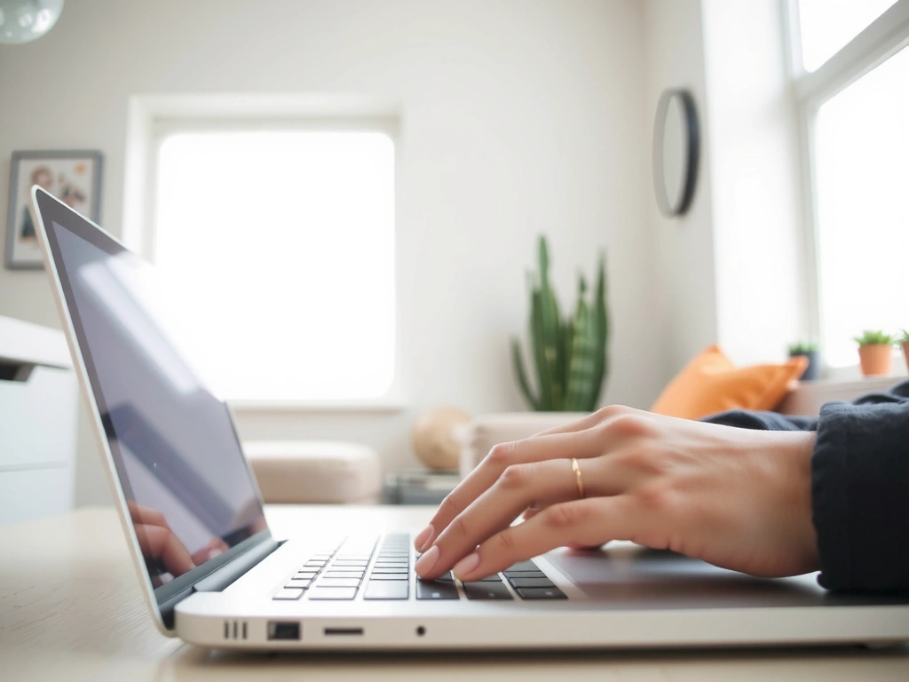 A person working on a laptop in a tidy home environment